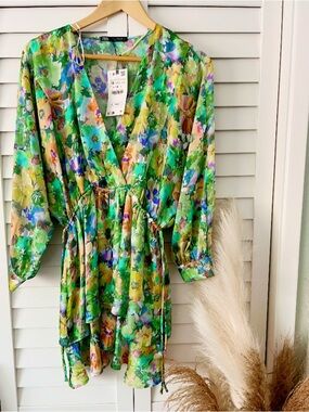 Zara Green Multi-Color Floral Wrap Dress